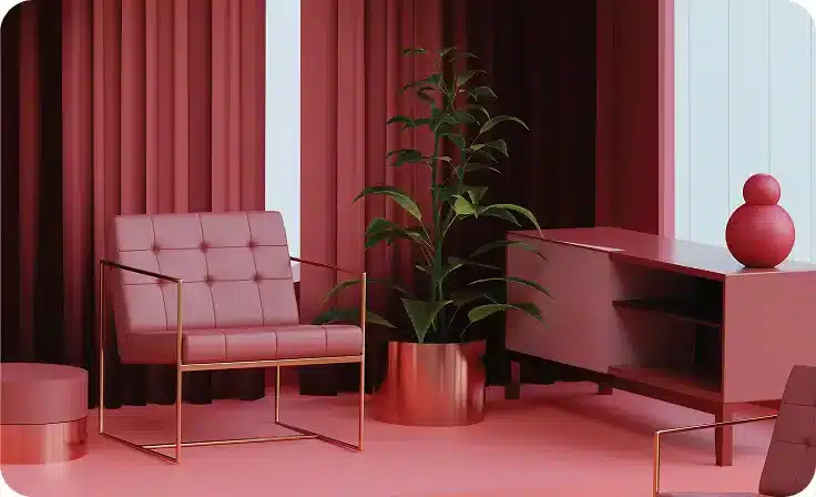 Red interior room with chair and plant