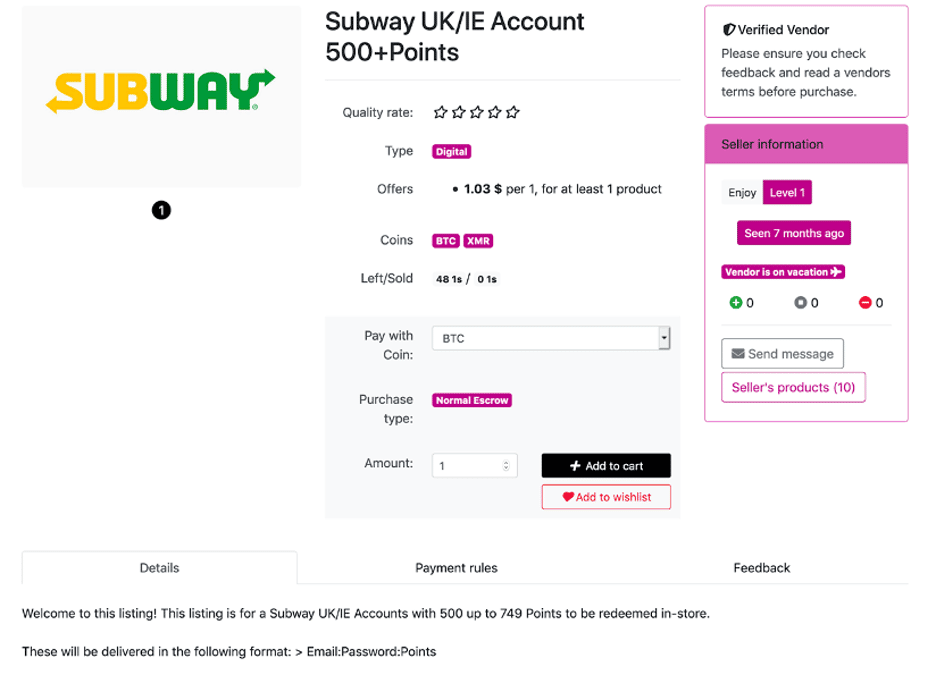 Subway Loyalty Account