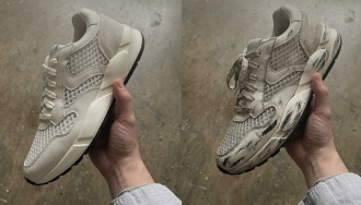 Side-by-side comparison of a light-colored sneaker held in hand—clean and new on the left, and visibly dirty and scuffed on the right—illustrating before-and-after wear or cleaning results.