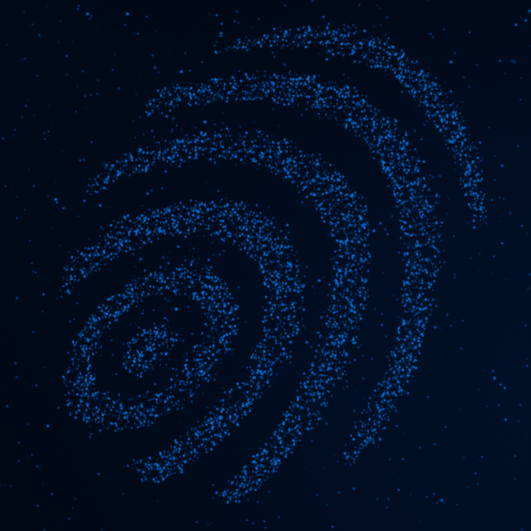Thousands of of tiny blue particles in the shape of the Forter logo