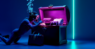 A scuba diver digging into a treasure box of retail items, depicting a "deep dive" into the world of reseller abuse and the damage done to customer lifetime value (CLTV)