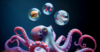 An octopus juggling bubbles of products — like food, headphones, and sneakers — to signify a multiprocessor approach to decisioning on transactions.