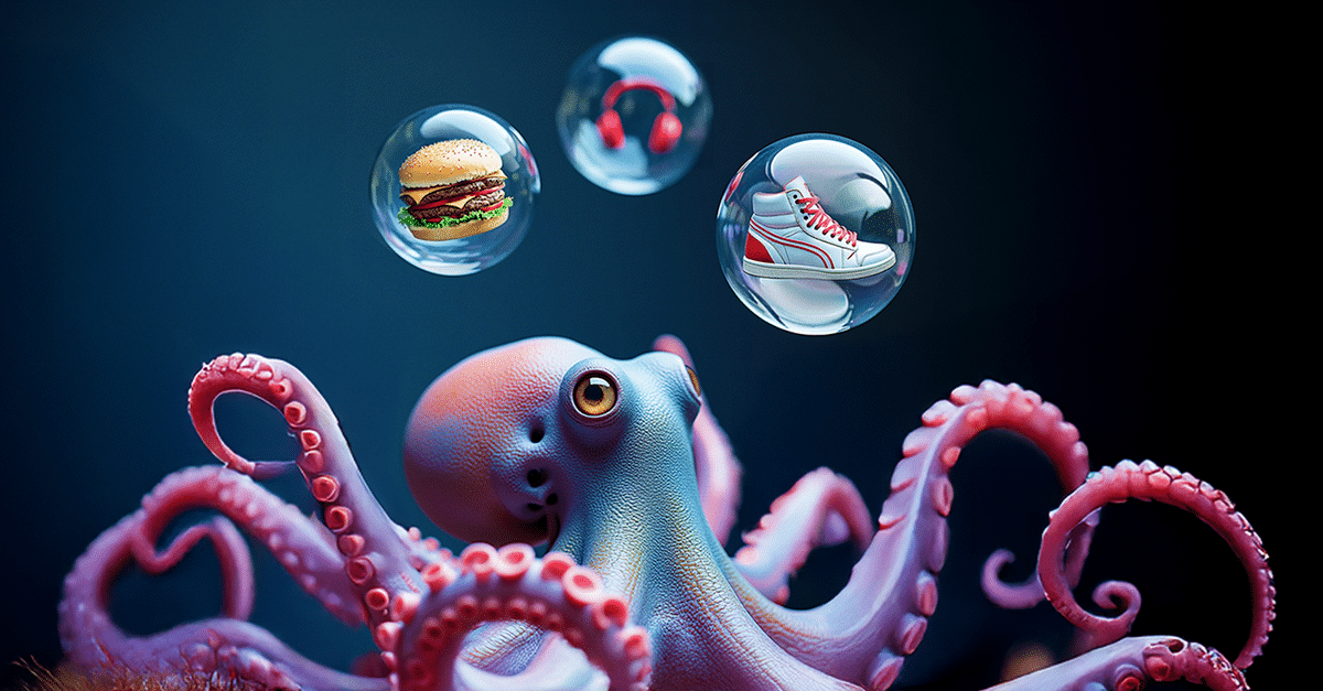 An octopus juggling bubbles of products — like food, headphones, and sneakers — to signify a multiprocessor approach to decisioning on transactions.