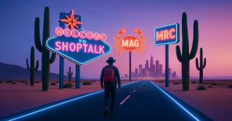 A man standing on the frontier of event signage, looking at logos for Shoptalk, MRC, and MAG
