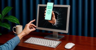 A hand holding a phone reaches out of a computer to represent a fraudster's connection manipulation strategies.