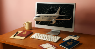 Digital travel fraud concept showing an airplane breaking through a computer screen, with passports, boarding passes, and travel documents on a desk—symbolizing cybersecurity threats in the travel industry.