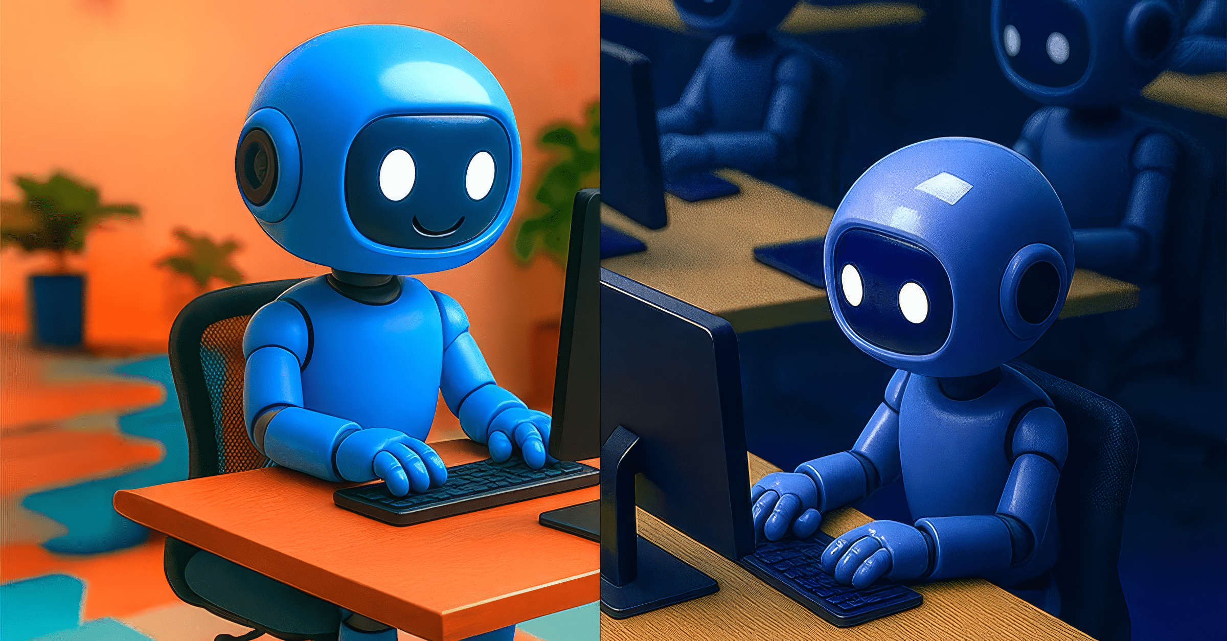 Two blue AI robots working at computers in contrasting environments, symbolizing the dual nature of agentic AI in fraud prevention—proactive intelligence versus reactive defense."