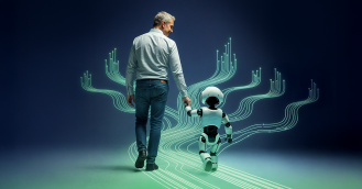 Man walking hand-in-hand with a humanoid robot on a digital pathway, symbolizing AI and human collaboration in technology and cybersecurity