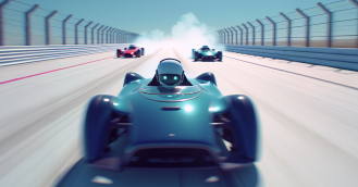 Futuristic AI-driven race cars speeding on a high-tech racetrack, with a teal car in the foreground and red and cyan cars trailing behind, leaving tire smoke.