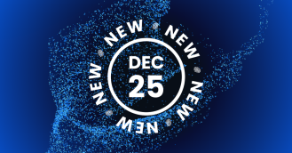 Blue abstract particle background with a circular stamp graphic displaying ‘Dec 25’ in the center and the word ‘NEW’ repeated around the circle, representing Forter’s announcement of new features and the launch of the Forter Prism product.