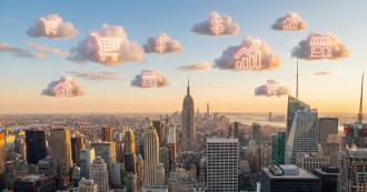 Illustration of a city skyline with cloud-based commerce icons—shopping carts, storefronts, dollar signs, and growth charts—floating above buildings, symbolizing an AI-driven retail economy.