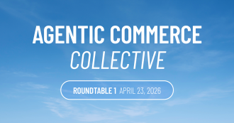 Event graphic for the Agentic Commerce Collective Roundtable 1, held April 23, 2026. Bold white text on a bright blue sky background with wispy clouds.