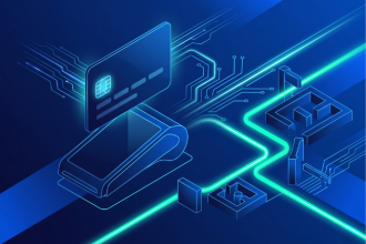 Digital illustration of a credit card above a card reader, with green and blue circuit lines branching across a dark background to represent dynamic payment routing.