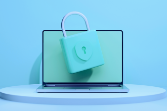 Illustration of a laptop with a padlock, representing pre-auth fraud checks that protect authorization rates